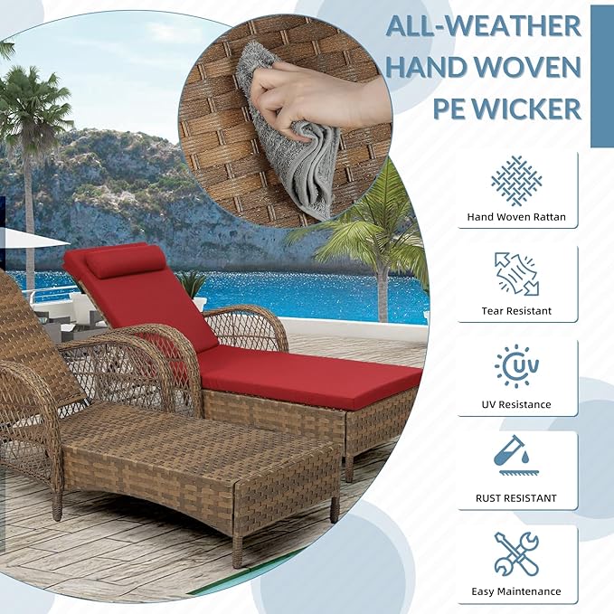 WINGTU Outdoor Chaise Lounge Chair Set of 2, PE Wicker Recliner Patio Reclining Sunbathing Chair with Cushion, 6-Position Patio Lounge Chair with Adjustable High Backrest, Armrest & Pillow, Red