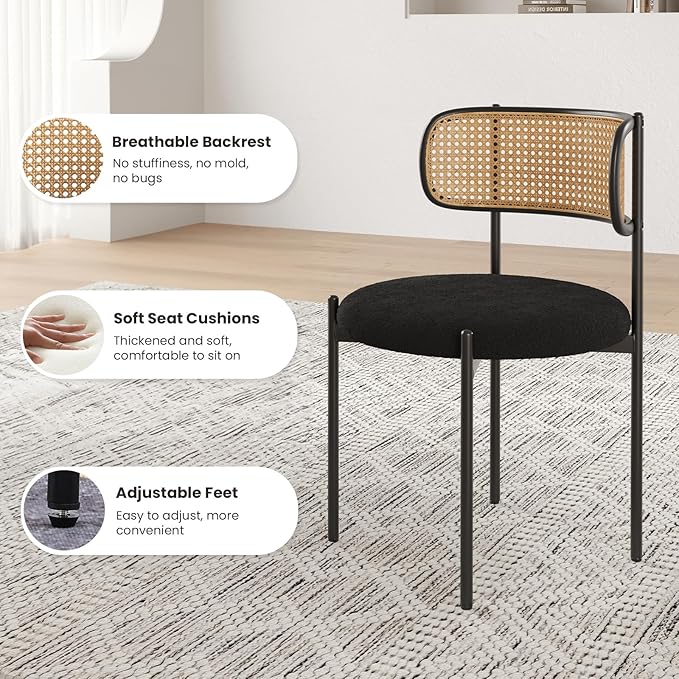 Farini Modern Upholstered Dining Chairs Set of 4,Rattan Back Dining Room Chairs,Accent Kitchen Chairs with Metal Legs,Black
