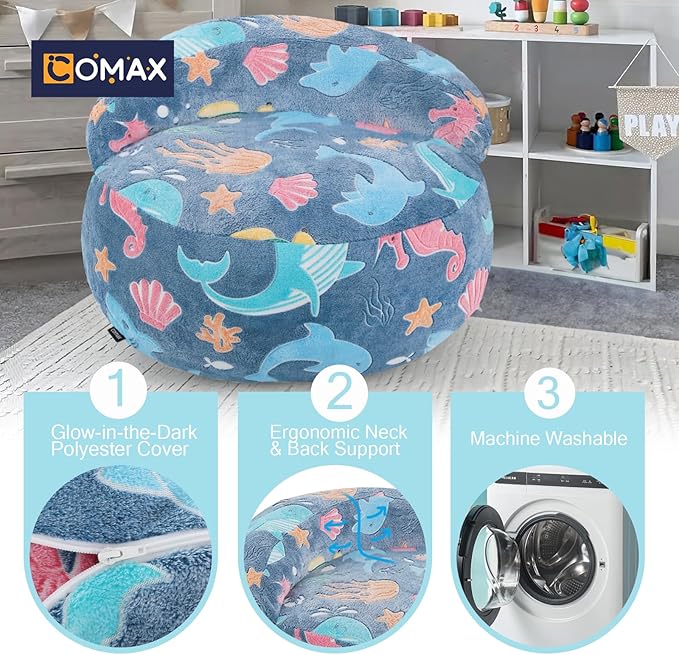 COMAX Bean Bag Chair for Kids, Dinosaur Convertible Toddler Beanbag Bed, Children Bean Chair Stuffed to Floor Mattress with Filler, Ocean Life