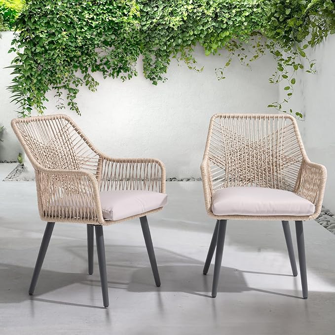 Patiorama Patio Dining Chair Set of 4, Woven Rope Outdoor Dining Chairs w/Steel Frame, All-Weather Twisted Rattan Chairs w/Armrest & Cushion, Outdoor Dining Wicker Chairs for Backyard Garden(Beige)