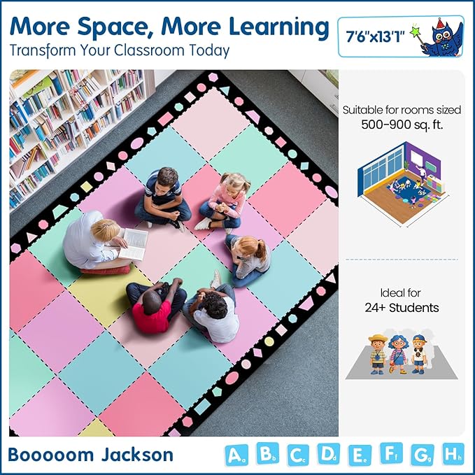 Booooom Jackson 7'6''x13' Pastel Seatings Classroom Rug for Kids Room Seating Décor - Thick Nylon Large Preschool Carpet Daycare Rug for Teaching & Playroom, Non-Slip &No Triping,20X Stain Resistance
