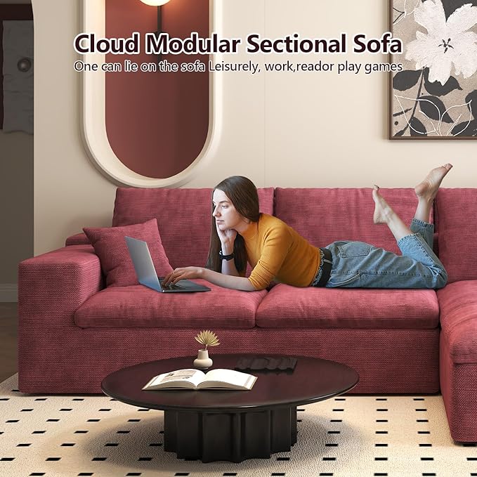 107'' L-Shaped Modern Modular Sectional Cloud Couch, 4-Seat Chenille Deep-Seat Sofa with Pillow for Living Room, Bedroom, Apartment, Wine Red