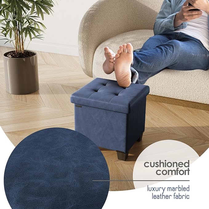 Storage Ottoman Cube with Small Bin, 16-in Square Ottoman with Storage for Living Room and Bedroom, Small Ottomans Foot Rest, Faux Leather Foot Stools Ottomans Max 330lbs, Blue