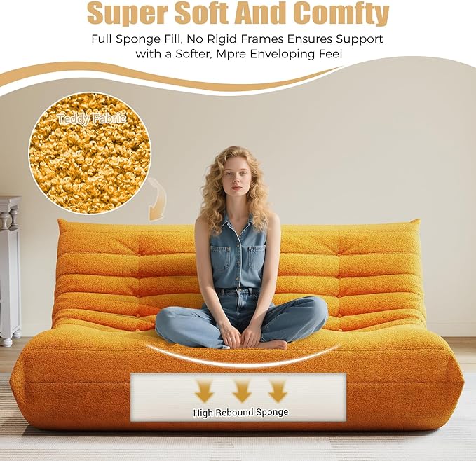 Selyteramy 3 Seat Oversized Bean Bag Chairs for Adults, Memory Foam Fireside Beanbag Couch, Comfy Bean Bag Lounger Lazy Sofa for Living Room, Bedroom, Playroom, Yellow