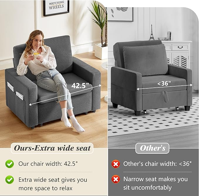 WEUP 42.5" Sleeper Chair Bed, 3-in-1 Oversized Convertible Sleeper Sofa Chair with Pull Out Bed, Reclining Adjustable Backrest/Side Pockets, Tool-Free Assembly, Basic Dark Grey