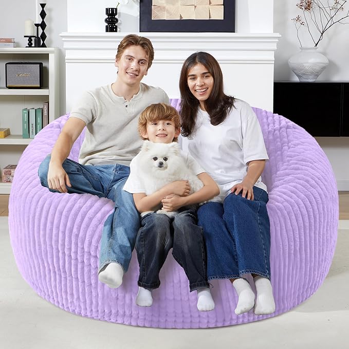 Homguava 5 FT Bean Bag Chair,5' Big Bean Bag,Giant Bean Bag Chairs for Adults with Memory Foam Filled,Comfy Large Beanbag Chairs Soft Bean Bag Sofa with Dutch Corded Plush Cover-Purple