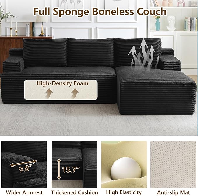 96.1" Modular Sectional Sofa Couches L-Shape Couch 3 Seat Modular Sofa Corduroy Memory Foam Sectional Boneless Couches for Living Room, Cloud Couch with Oversized Chaise(Black, Right Facing)