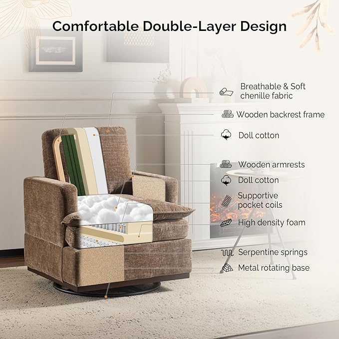 VINGLI Mid-Century Modern Single Swivel Armchair, 360° Swivel, Double-Layer Seat Cushions, Upholstered Square Club Chair for Living Room, Bedroom, Reading Room, Khaki Chenille