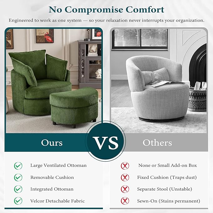 Chorlenimi Swivel Accent Chair Round Barrel Armchair Upholstered Living Room Chair Corduroy Reading Chair Single Sofa Chair for Bedroom Apartment Office (Green, Upgrade 1Seater+ Ottoman)