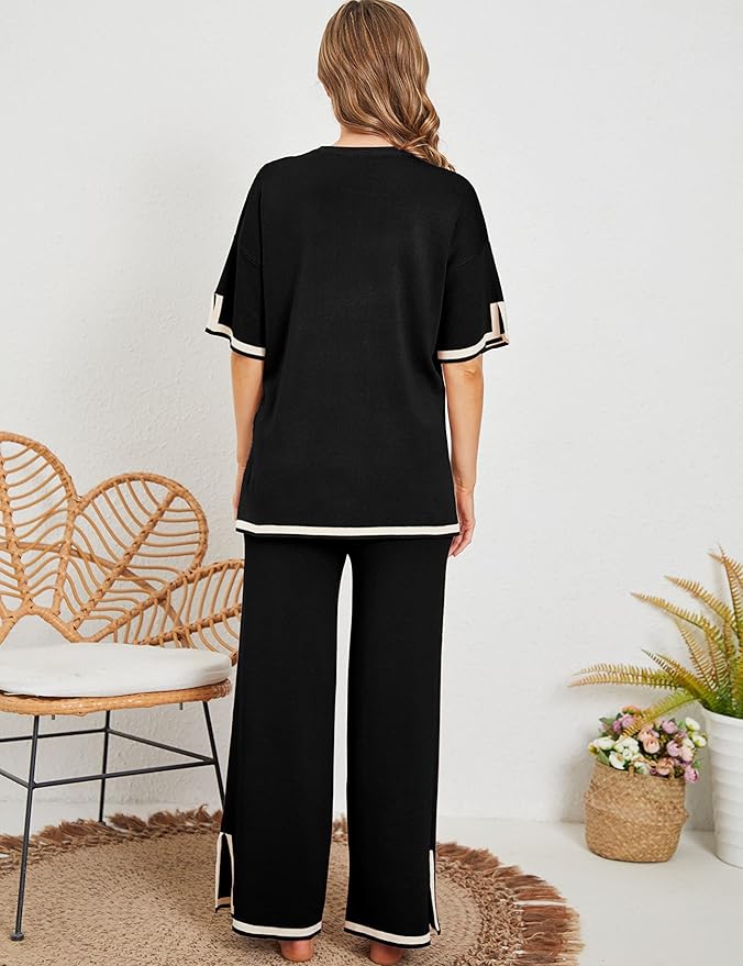 Faleave Womens Knit 2 Piece Sweater Sets Short Sleeve Pullover Tops Elastic Waist Wide Leg Pants Lounge Set