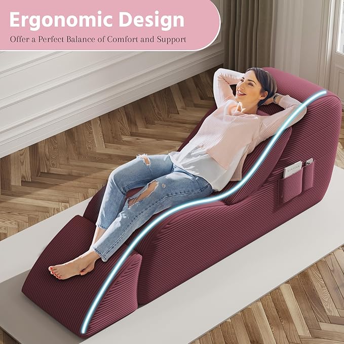 Yoga Chair, Lounge Chair for Yoga with Side Pocket&Lumbar Pillow&Ottoman, for Stretching, Relaxation(Red)