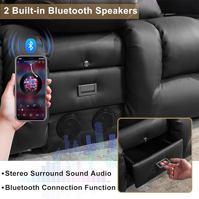 URRED Loveseat Recliner Sofa with Massage and Heat, Power Reclining Loveseat Sofa RV Couch with Console, Home Theater Seating with LED Lights, Bluetooth Speakers, USB, Outlets, Faux Leather, Black | Wall Hugger, Double Recliner, Zero Gravity, Full Body...