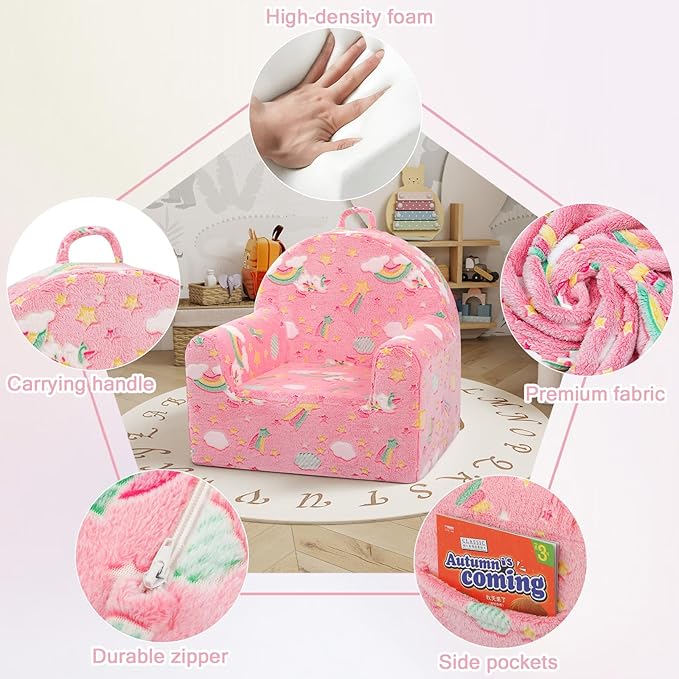 MeMoreCool Comfy Toddler Chair for 1-3 Years Old, Glow Unicorn Kids Reading Chair, Soft Plush Toddler Armchair, Cozy Foam Lounge Kids Armchair for Baby Room, Living Room, Playroom, Reading Nook