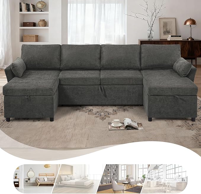 ACMEASE 107 Inches Fabric Sectional Sofa with Pull Out Sofa Bed, Modern U Shaped Sofa with Throw Pillows, Comfortable Sleeper Couch with Storage Chaise for Living Room, Grey