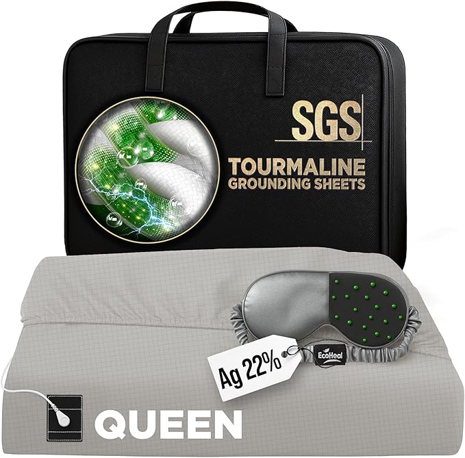 Luxury Tourmaline Grounding Sheets Queen 20% Silver Fiber, 76% Tourmaline Cotton, 4% Silk, SGS Quality Certified Grounded Well Bed Sheet - Conductive Earth Fitted Sheet for Better Sleep, Beige