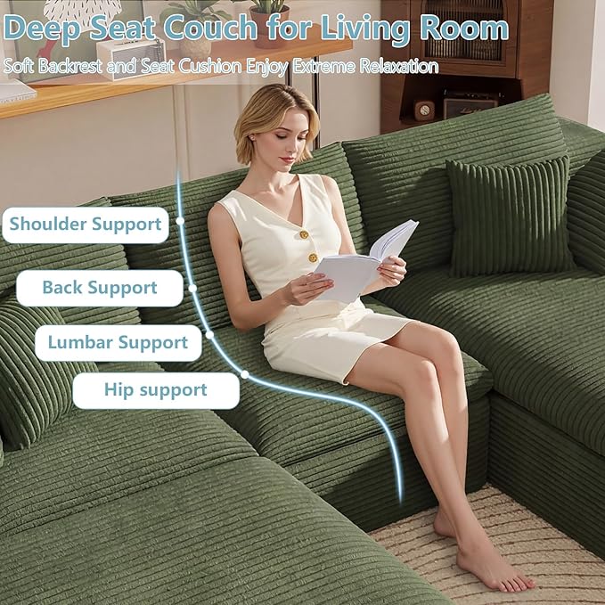 107" Cloud Sectional Couch with U-Shaped Chaise,Corduroy Viral Boneless Sofa with Ottoman,Memory Foam Couches in a Box with Deep Seat for Living Room,No Assembly Required (Green,Right-Facing Chaise)