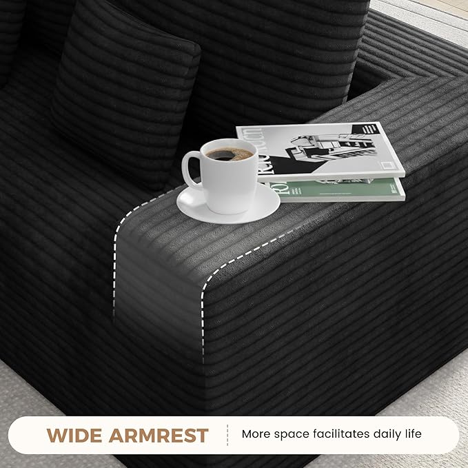 136'' Large Sectional Cloud Couches with Chaise, U Shaped Boneless Loveseat Sofa, No Assembly Required Deep Seat Modular Lounge for Living Room 3PCS Set, Bedroom(Black)