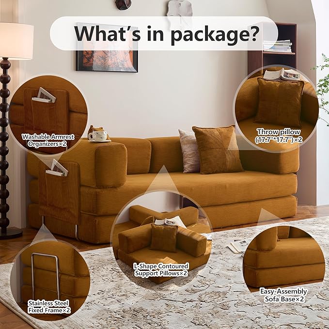 LIAROO 78.8" Convertible Sofa Bed - Compression Sofa with Corduroy Fabric - with Armrests and Backrest - Modular Sectional for Living Room, Bedroom, Studio - Compression Sofa in Box (Yellow)