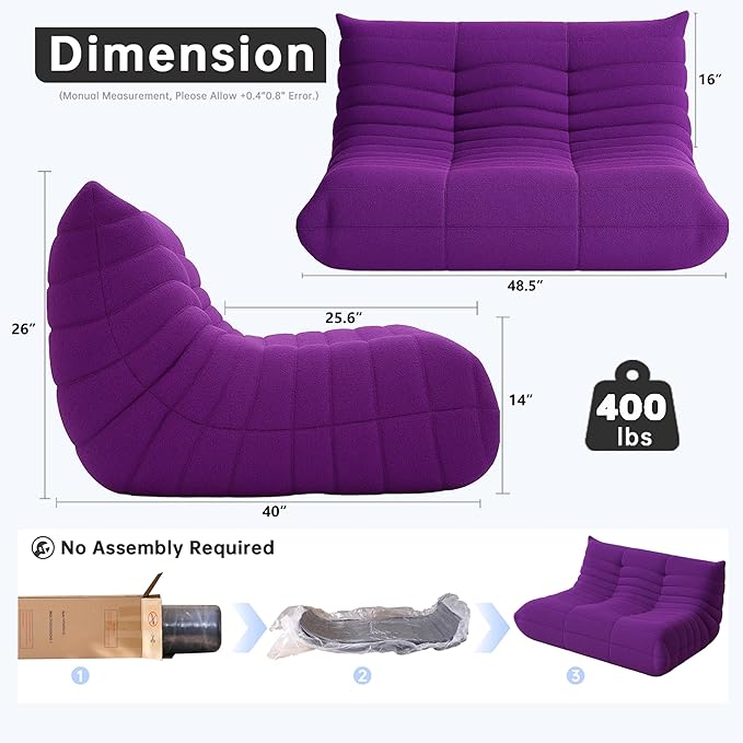 Bean Bag Chairs for Adults, Memory Foam Couch Loveseat Sofa Chair, Soft Teddy Material Cozy Comfy Reading Nook Chairs, Floor Chair for Living Room Bedroom Office(Purple)