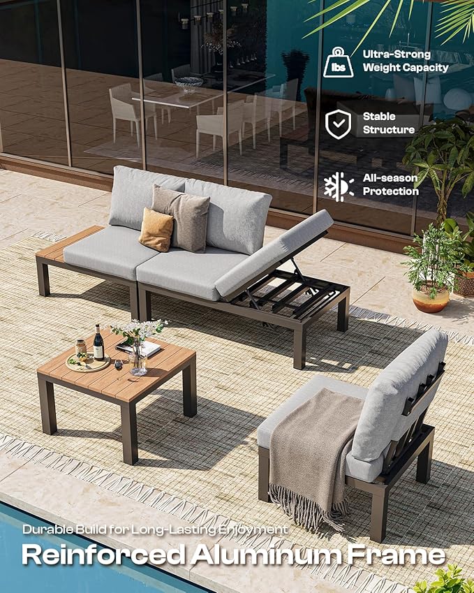 Oasbira Aluminum Outdoor Patio Sofa Set, 2 Seats Modular Sectional Reclining Loveseat Sofa with Adjustable Backrest & Removable Cushions, All-Weather Conversation Sets for Garden & Yard, Gray