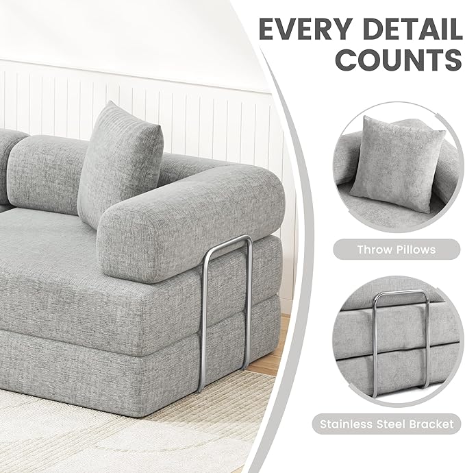 DURASPACE 117.6'' Folding Convertible Sofa Bed Boneless Foam Sectional Couches with Fixed-Shape Frame, 3-Seater Modular Floor Sleeper Sofa for Living Room, Chenille Gray