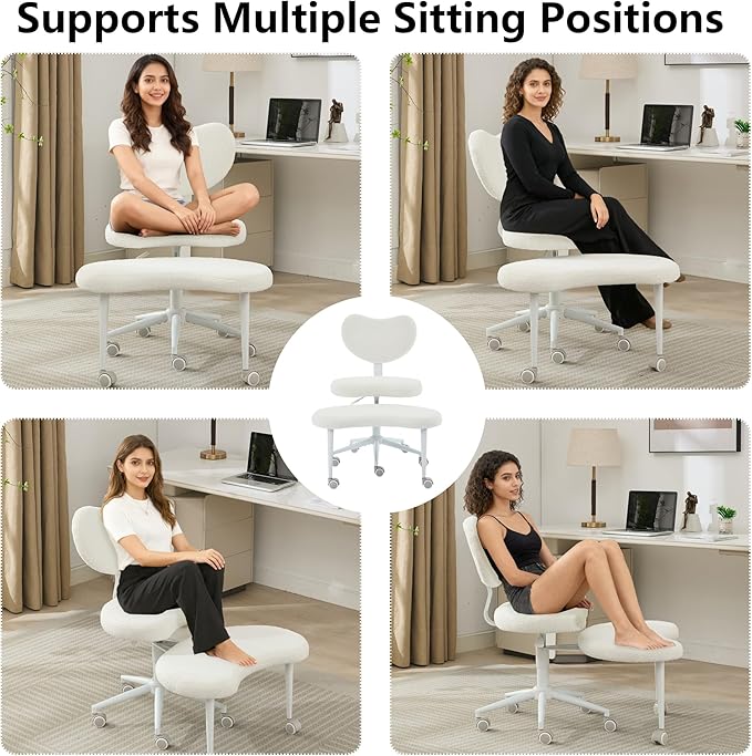 Meditation Chair with Lumbar Support,360° Swivel Cross Legged Chair with Wheels, Ergonomic Cross Legged Office Chair for Adults with ADHD, Height-Adjustable Yoga Chair, Teddy Fabric, Ivory