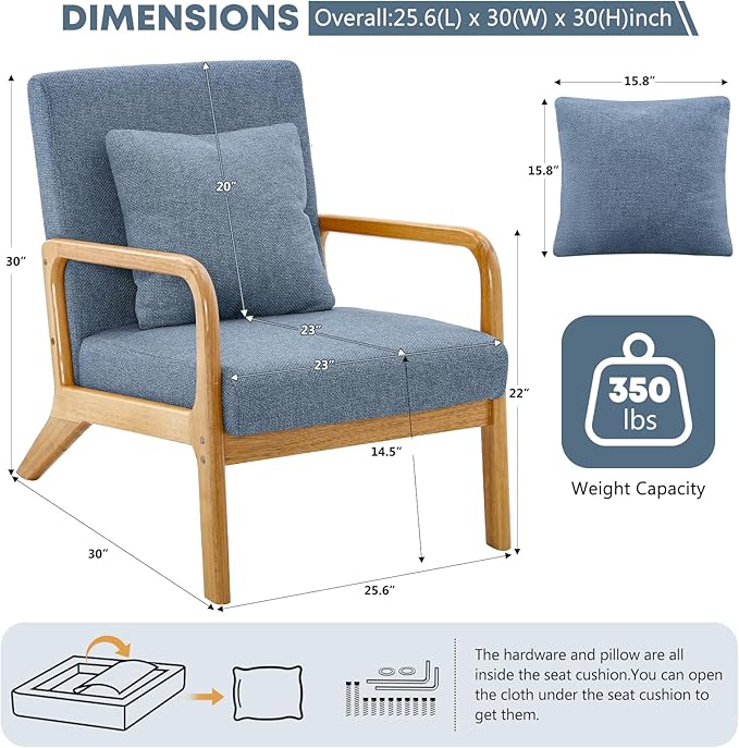 ELUCHANG Mid-Century Modern Accent Chair with Lumbar Pillow,Upholstered Armchair,Linen Fabric Comfy Reading Lounge Side Chair for Living Room Bedroom Apartment,Easy Assembly