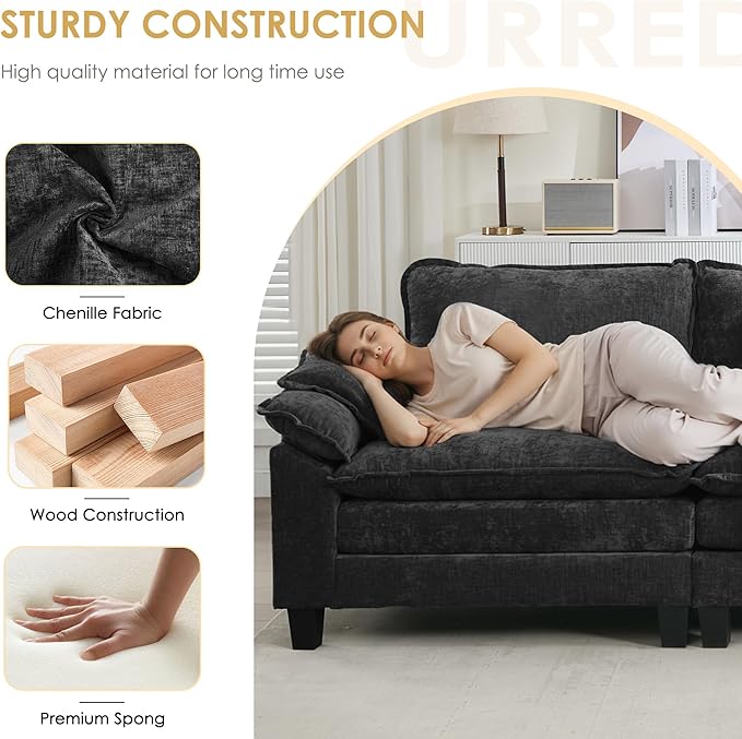 URRED Cloud Couch Modular Sectional Sofa, 87" Modern Loveseat Sofa with 2 Ottomans & Pillows, Ultra Comfy Chenille Couches for Living Room, Bedroom or Apartment, Black