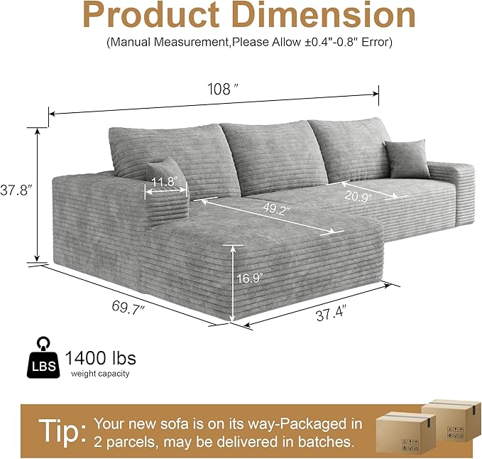 AUGOP 108" Sectional Couches for Living Room Modern Modular Sofa with L-Shape Couchs Upholstered Boneless Couch Deep Seat Sectional Couch with Chaise (Grey, Left Facing Chaise+2Seaters)