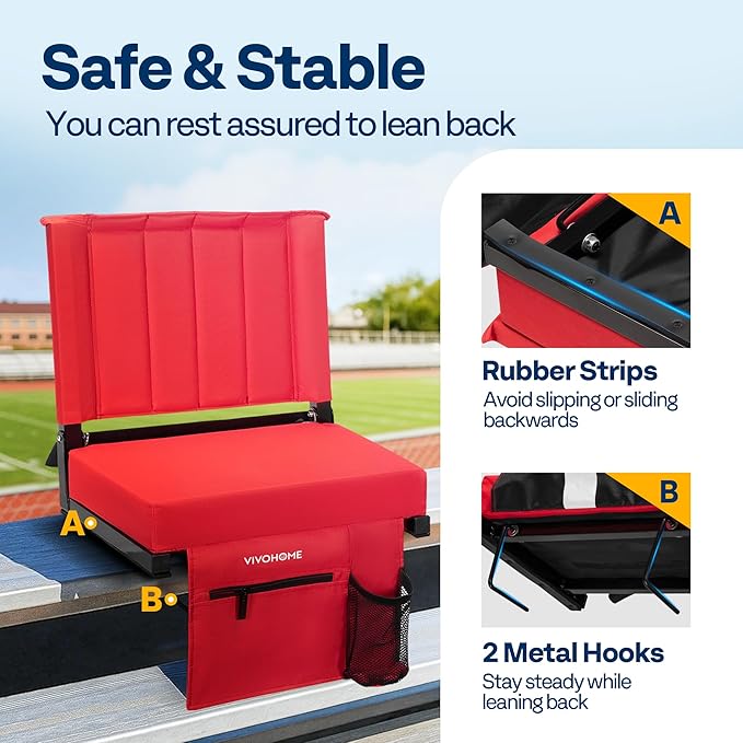VIVOHOME Portable Stadium Seat for Bleachers with Back Support, Folding Bleacher Chair with Cup Holder and Shoulder Strap Red