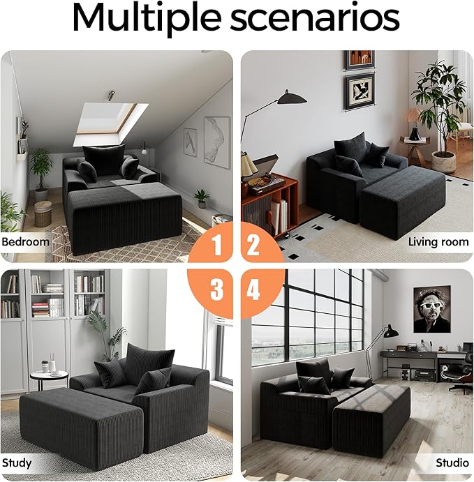 LSSBOUGHT 60'' Chaise Lounge Chair Indoor, Oversized Upholstered Sofa Bed, Sleeper Couch Reading Chairs Plush Corduroy Fabric Sofas Couches for Living Room (Black)