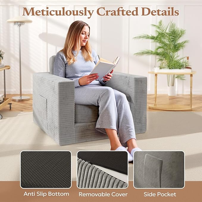 Bean Bag Chair, Large Beanbag Chair for Adults, Comfy Foam Floor Sofa with Pillows and Armrests, Plush Chair Bean Bag Couch for Bedroom Living Room (Plush Corduroy Fabric, Grey)