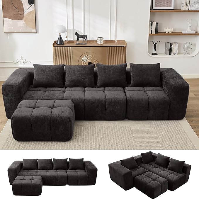 119" Boneless Couch, Cloud Sectional Couch with Deep Seat, High-Density Memory Foam and Chaise, Sectional L Shaped Sofa, Boneless Couches for Living Room, No Assembly Required Tufted Sofa, Dark Grey