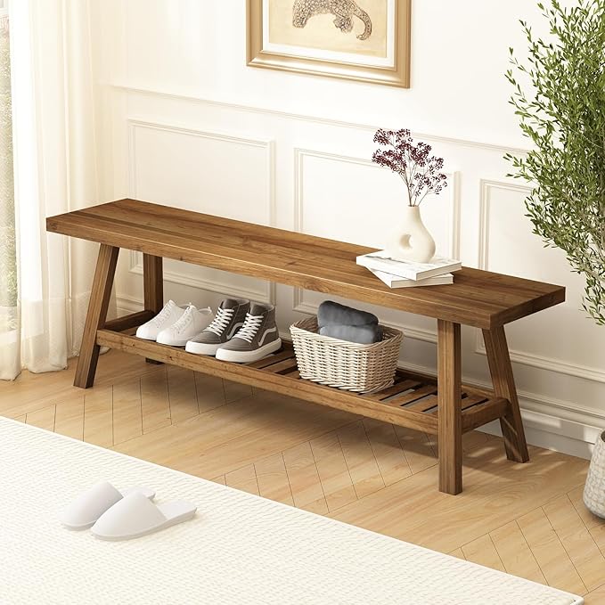Reclaimed Solid Wood Bench-55 Inches Farmhouse Entryway Bench with Storage Shelf, Narrow Rustic Bench for Hallway, Kitchen, Bedroom, Dining