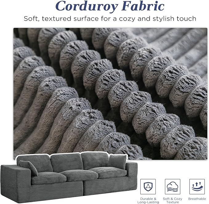 Esright 110" Oversized Sofa for Living Room, Cloud Boneless Couch with Fluffy Seat Cushions, 3 Seater Upholstered Floor Sofa, No Assembly Required, Grey