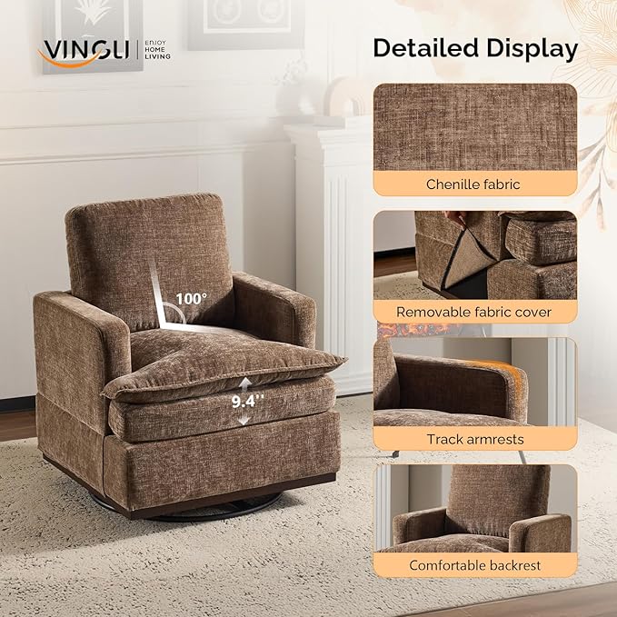 VINGLI Mid-Century Modern Single Swivel Armchair, 360° Swivel, Double-Layer Seat Cushions, Upholstered Square Club Chair for Living Room, Bedroom, Reading Room, Khaki Chenille