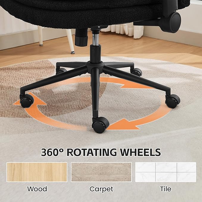 Criss Cross Chair with Flip-up Arms, Wide Criss Legged Chair with 3 Layer Cushion, Ergonomic Office Desk Chair with Wheels, Swivel Vanity Chair for Office, Living Room, Bedroom, Boucle Black