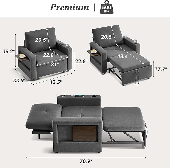 WEUP 42.5" Sleeper Sofa Chair Bed, 3-in-1 Convertible Sleeper Chair with Pull Out Bed, Adjustable Reclining Backrest, Side Pockets, Cup Holder, USB Ports & Wing Table, Premium Dark Grey