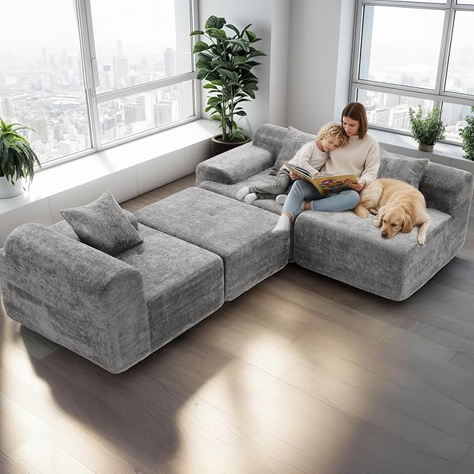 119" Modular Sectional Sofa, Cloud-Style Chenille Couch with Deep Seats & Chaise, No Assembly Compression Sectional with Throw Pillows for Living Room, Apartment, Bedroom, Grey