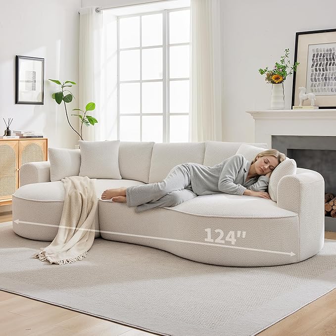 Opiesit 124" Oversized Boneless Couches for Living Room, Sectional Curved Sofa with 7 Pillows, L-Shape Boneless Couch with Deep Seat, High-Density Memory Foam, No Assembly Required, Chenille (White)