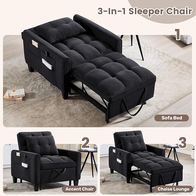 Choairy Modern Black Velvet 3 in 1 Sleeper Chair Bed Pull Out Sofa Bed Chair, Adjustable Backrest, 3 Reclining Positions, Adult Size, Indoor Use