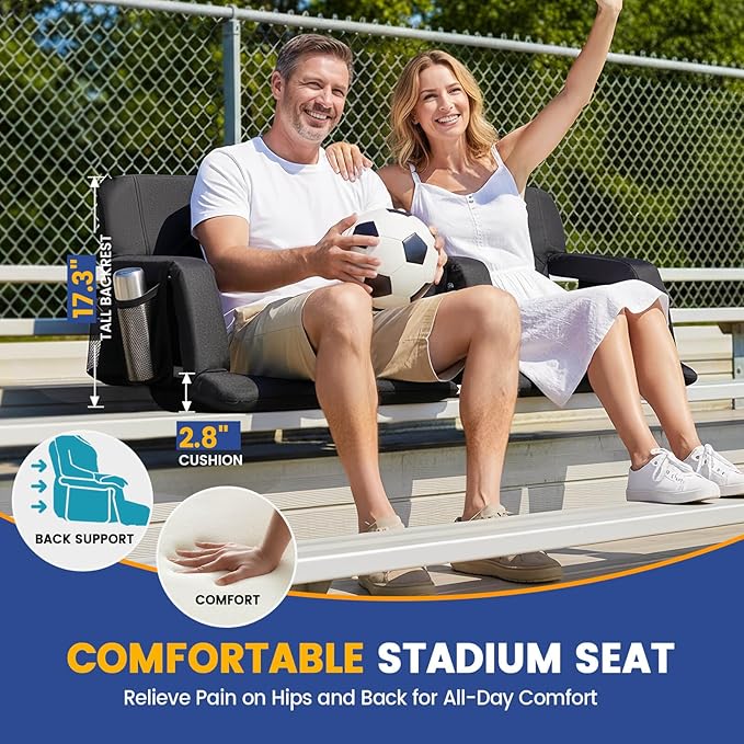 Sheenive Stadium Seat with Back Support Padded Bleacher Chairs with Back and Cushion, Portable Folding Bleacher Seat with Armrest, 6 Reclining Positions, Large Stadium Seat with Cup Holders & Pockets