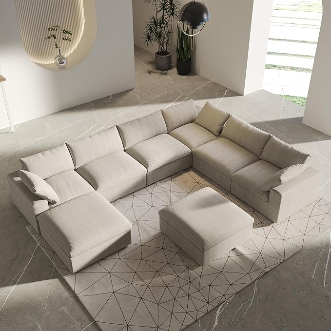 8 Seater Cloud Sectional Couch, Oversize Modular Sofa, Modern Comfy Cloud Sofa with Storage Ottomans, Covers Removable, Convertible Sleeper Couch for Living Room Apartment (Khaki, Linen Fabric)