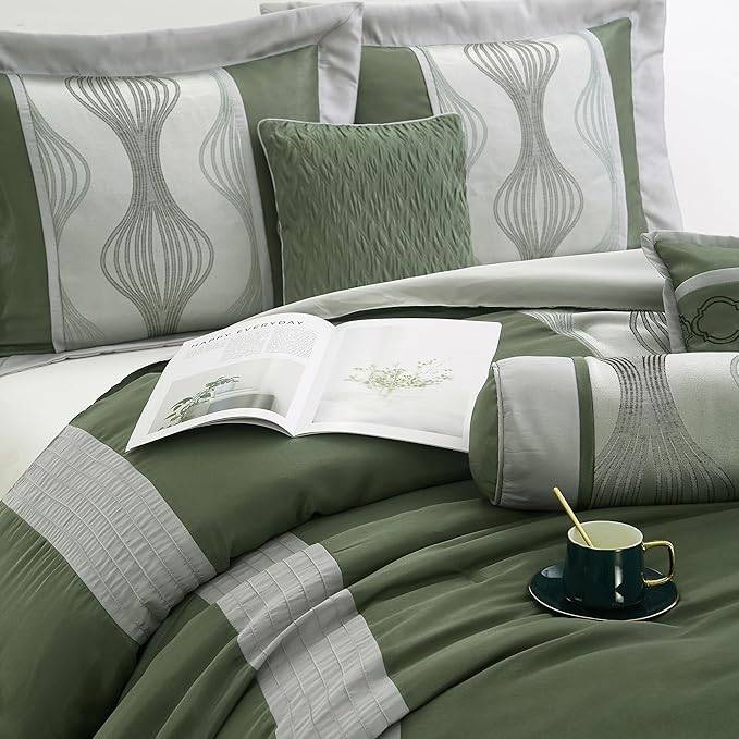 Grand Avenue 7 Piece Green Comforter Set, California King Size Jacquard Bedding Set, All Season Geometric Patchwork Bedding Set, Matching Pillows, Shams, Bed Skirt