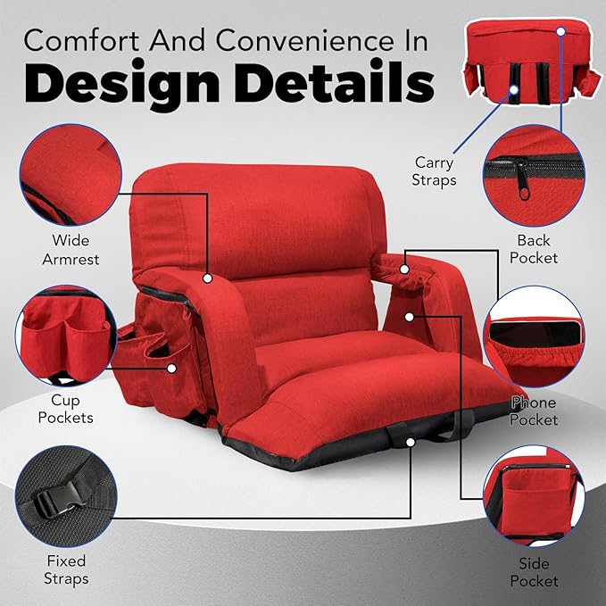 Wide Stadium Seats with Back Support, Exclusive Sofa Style Design Extra Thick Bleacher Chairs with Back and Cushion, 6 Reclining Positions - Ultimate Comfort for Sports Events (Red, 25")
