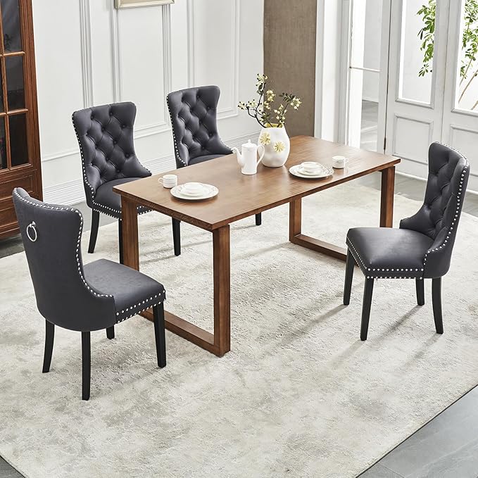Kiztir Leather Dining Chairs Set of 6, Upholstered Dining Chair with Nailhead Trim and Solid Wood Legs, Luxury Wingback Dining Side Chair for Living Room, Bedroom, Kitchen (Black)