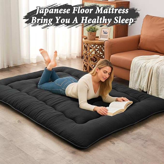 DAICO Japanese Floor Mattress, 4'' Thicken Futon Mattress Tatami Mat, Sleeping Pad Foldable Roll Up Mat for Camping and Guest Room, Twin Size 39''*80'', Black