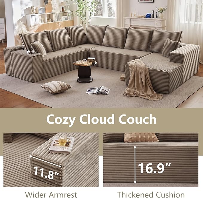 Sectional Cloud Couch with L-Shape Chaise, Modern Modular Comfy Sofa with Deep Seat, Upholstered Corduroy Couches Stupendous U Shaped Sofas for Living Room Bedroom, No Assembly Required, Camel