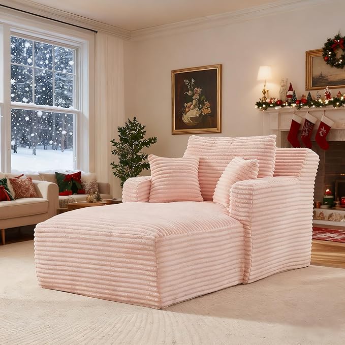VEPXXP 65.4" Chaise Lounge Chair Indoor, Oversized Boneless Couch Comfy Upholstered Sleeper Sofa Bed with 3 Pillows, Corduroy Cloud Reading Chair for Living Room No Assembly Required, Pink