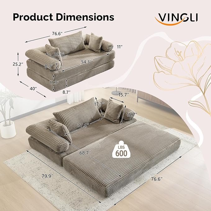 VINGLI Convertible Futon Sofa Bed, Upholstered Corduroy Boneless Couch King Size Floor Loveseat Sleeper Sofa with 2-in-1 Throw Pillow, Couches for Living Room, Bedroom, Lounge, Gray